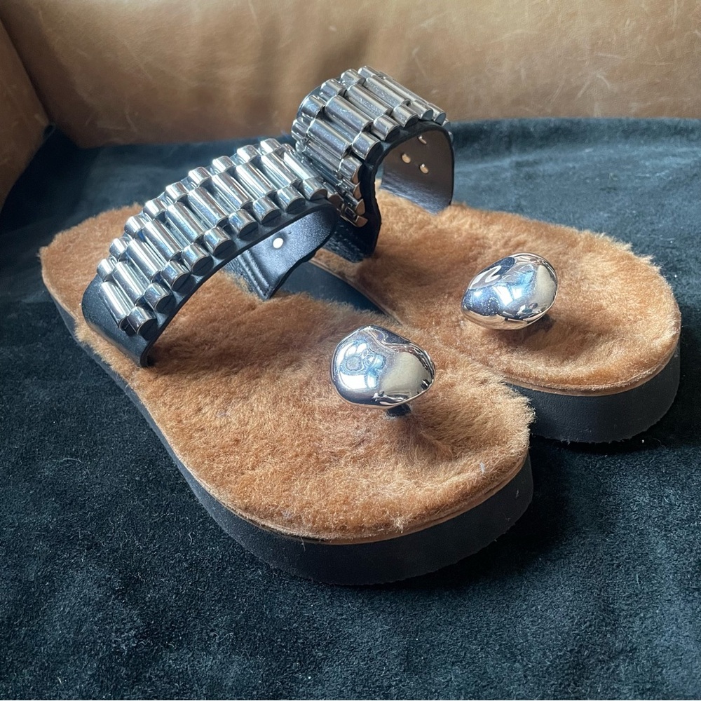 Phillip Lim 3.1 leather fur metal embellishment sandals flatform luxe rare NWOT - Picture 3 of 6
